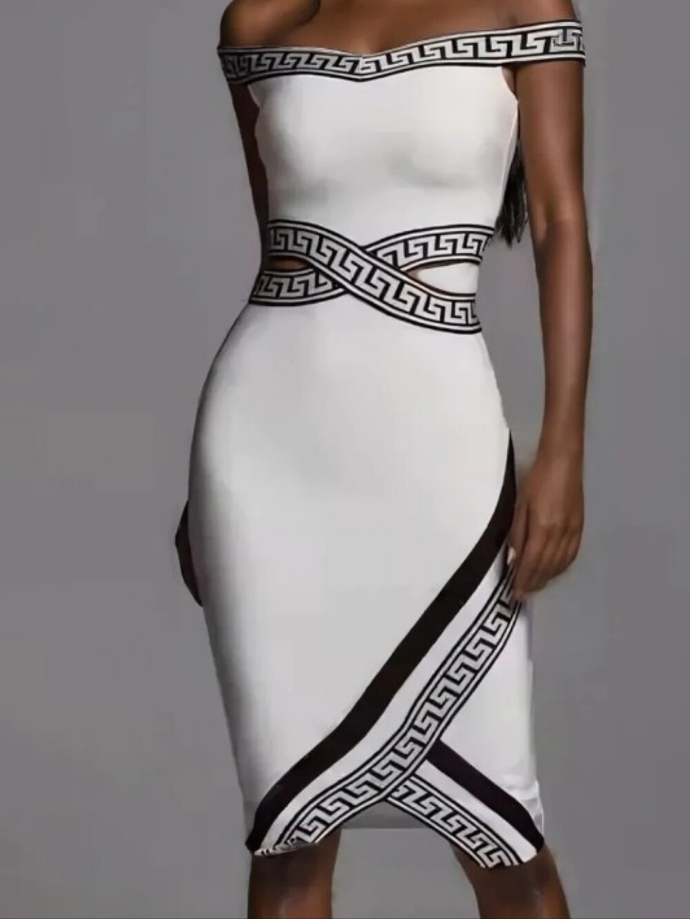 Off-Shoulder White Cocktail Dress with Black Greek Key Trim